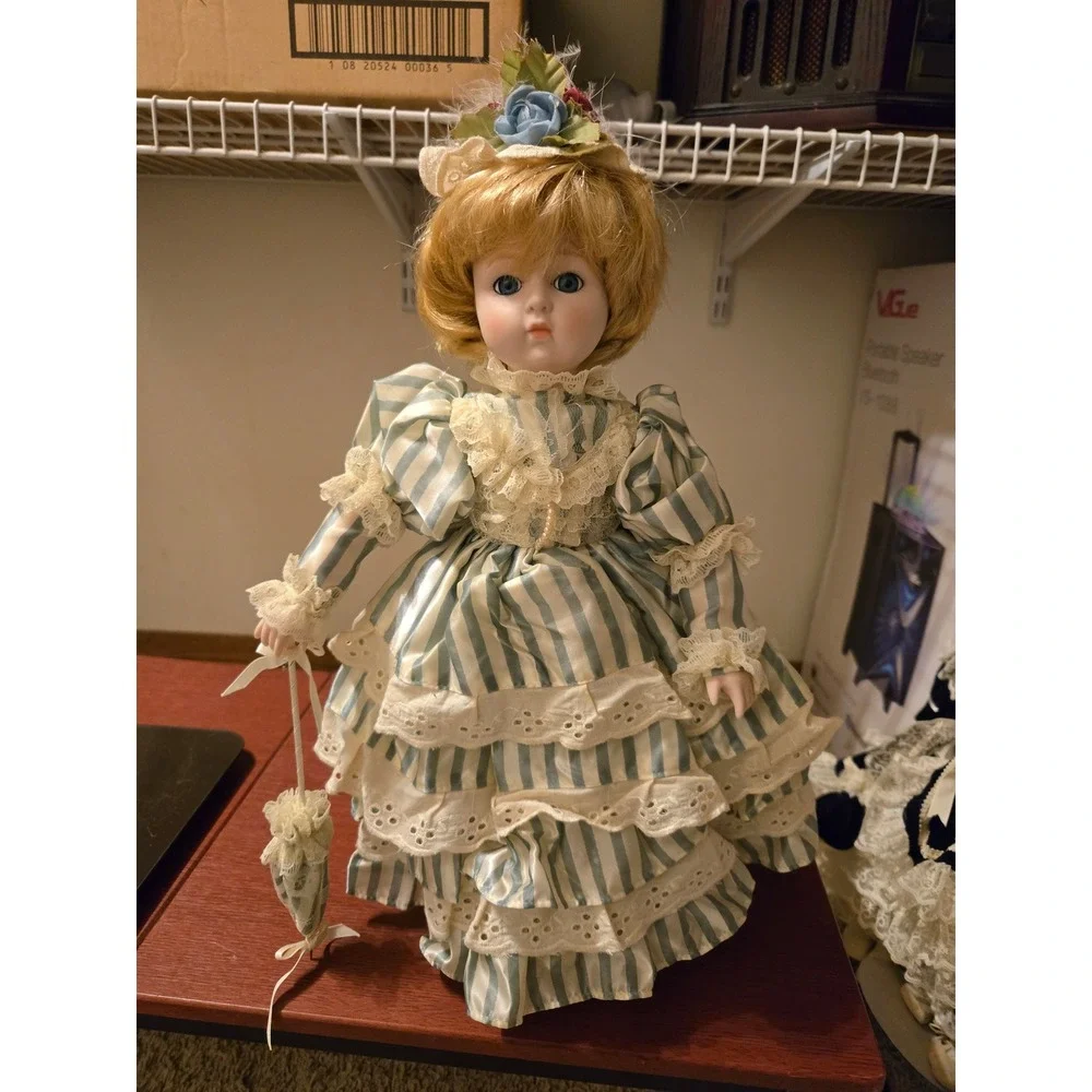 Dynasty‎ Doll Collection Porcelain Doll Blue Striped Victorian Dress Parasol